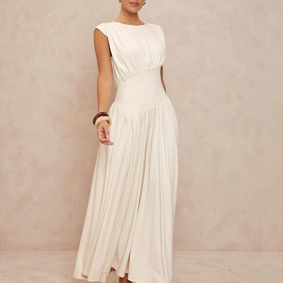 Beige Elegant Women's Bohemian Boat Neck Ruched Waist Flared Hem Dress - Picture 7 of 7